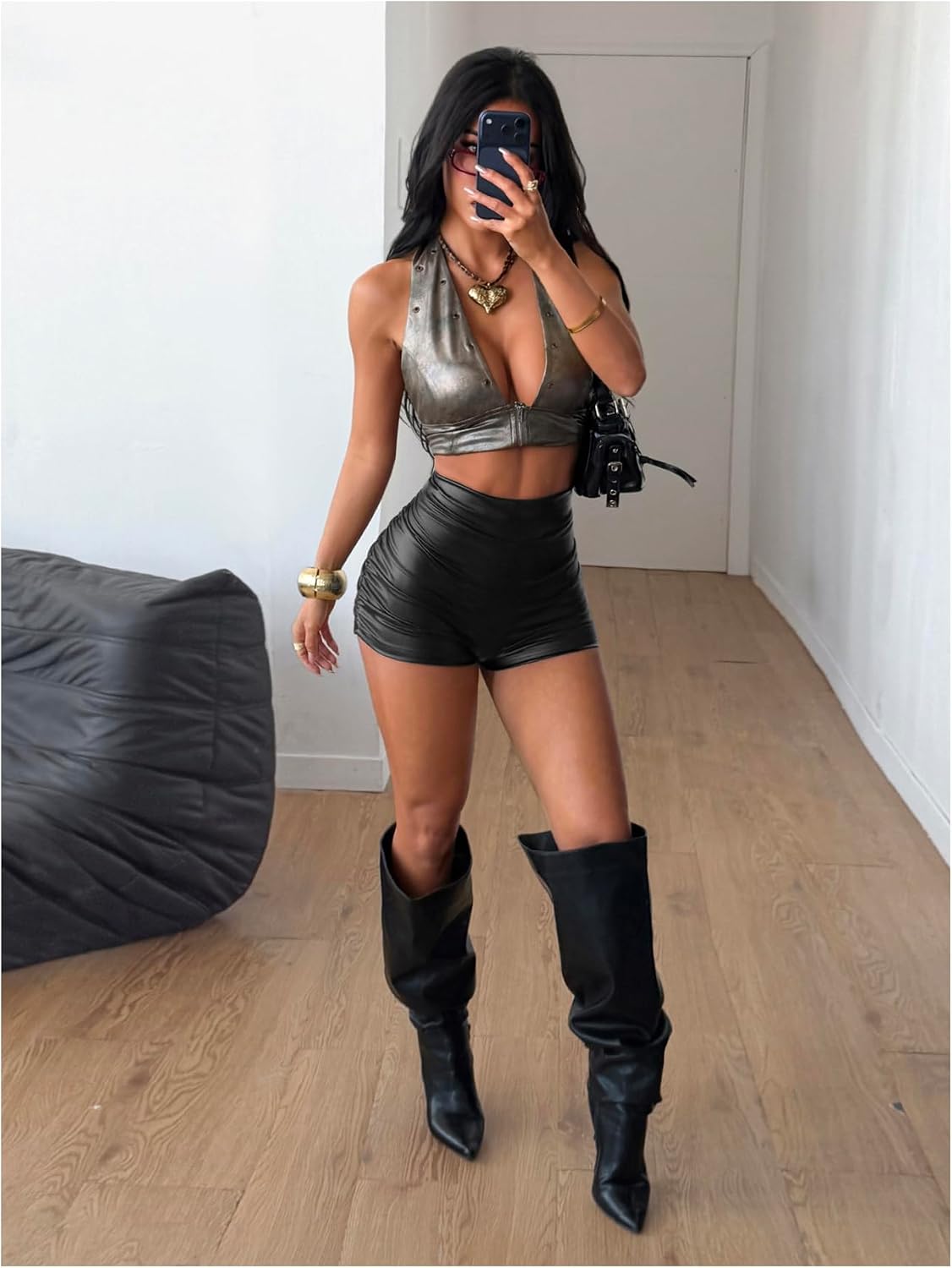 Women's PU Leather High Rise Cheeky Shorts Micro Mini Shorts Black | Going Out Bottoms