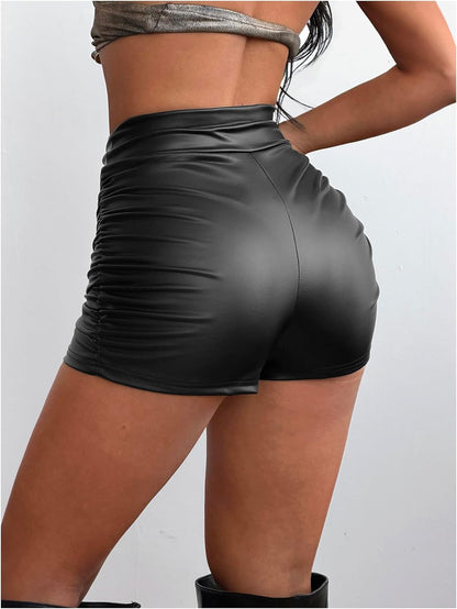 Women's PU Leather High Rise Cheeky Shorts Micro Mini Shorts Black | Going Out Bottoms