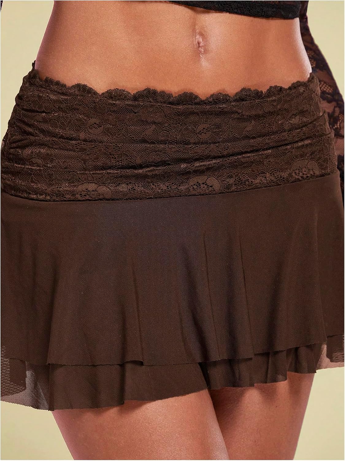 Women's Lace Mesh Y2K Skirts Layered Ruched Ruffle Low Waist Mini Skirt Coffee