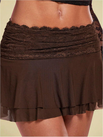 Women's Lace Mesh Y2K Skirts Layered Ruched Ruffle Low Waist Mini Skirt Coffee